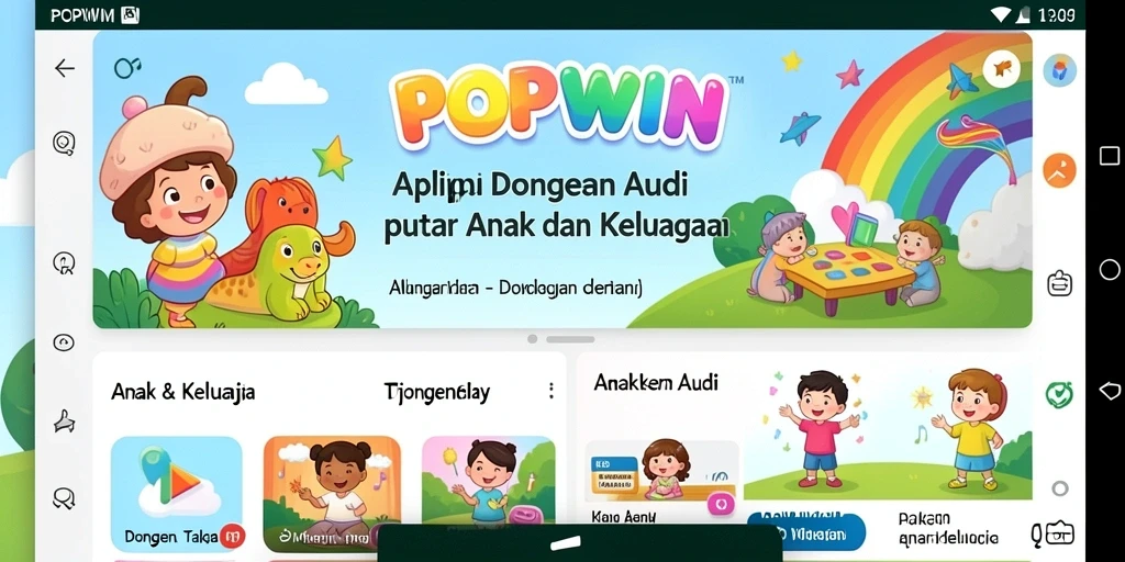 Tampilan antarmuka aplikasi POPWIN dengan berbagai pilihan dongeng.