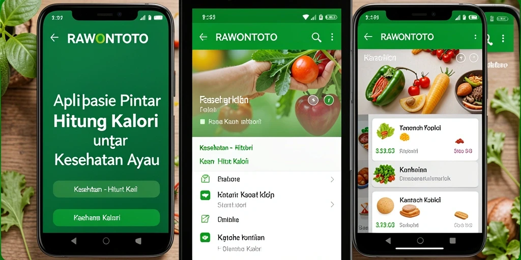 Tampilan antarmuka aplikasi RAWONTOTO dengan fitur Hitung Kalori yang menarik.